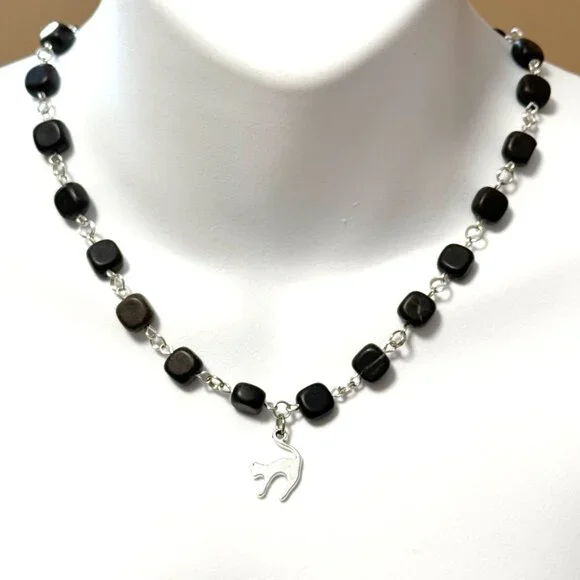 Genuine Black Agate Short Necklace, Gemstone Cube & Cute Slim Cat Pendant - Picture 2 of 12